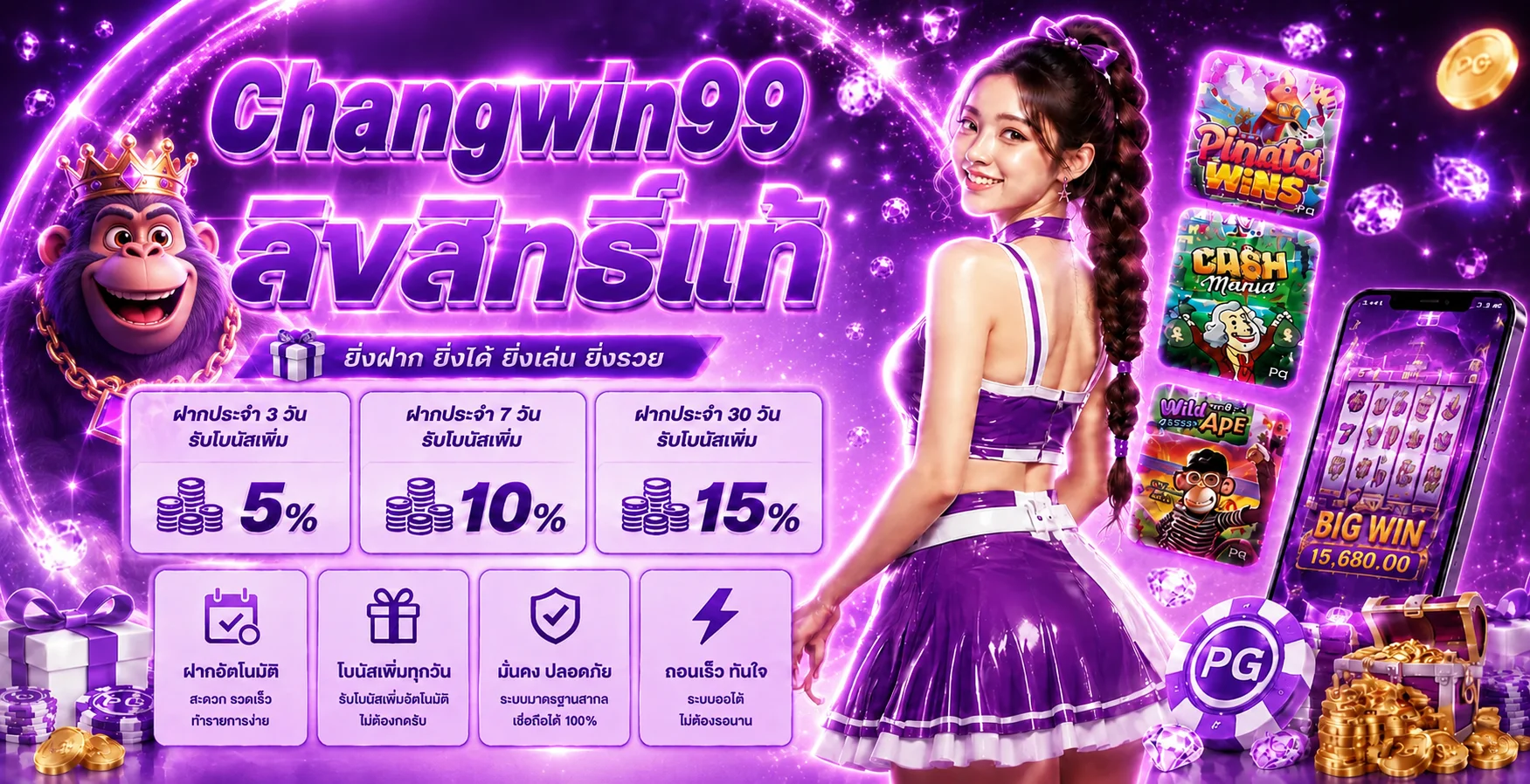 แบนเนอร์ Changwin99 สล็อตและโบนัสโทนสีม่วง